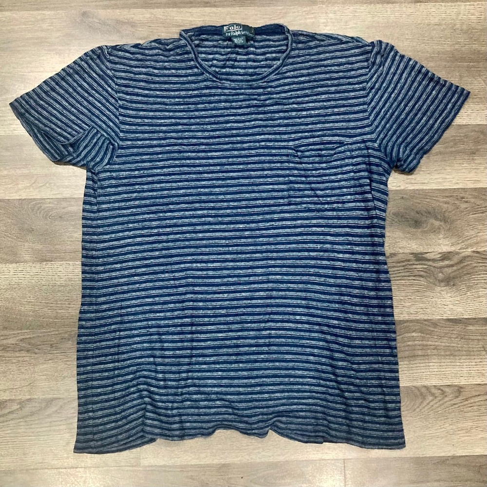 Polo Ralph Lauren Linen Cotton Striped Indigo Pocket Tee Size M